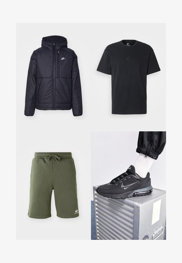 Zwarte, gewatteerde Nike-jas met een voorkant met ritssluiting en capuchon. Kenmerkt zich door een wit logo op de linkerborst en dubbele frontzakken. Gladde buitenkant.; Zwarte katoenen t-shirt van Nike met een klassieke ronde hals, korte mouwen en een subtiele, reliëflogo op de borst. Gladde textuur.; Olijfgroene shorts van zacht materiaal, met een drawstring taille, zijzakken en een gedrukt logo op de rechteronderzijde.; Nike Sportswear PULSE - Sneakers laag - black/anthracite