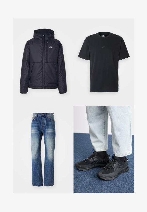 Jachetă Nike neagră, căptușită, cu fermoar pe față și glugă. Prezintă un logo alb pe pieptul stâng și două buzunare frontale. Textură exterioară netedă.; Tricou din bumbac negru Nike, cu guler rotund clasic, mâneci scurte și un logo subtil embosat pe piept. Textură netedă.; Jeans din denim albastru cu un design drept, având decolorare ușoară și ușoare semne de uzură în față. Stil standard cu cinci buzunare.; Pantofi sport negri, cu țesătură texturată și tălpi din cauciuc, având șireturi elastice și un accent albastru pe toc. Purtați cu pantaloni din denim deschis.