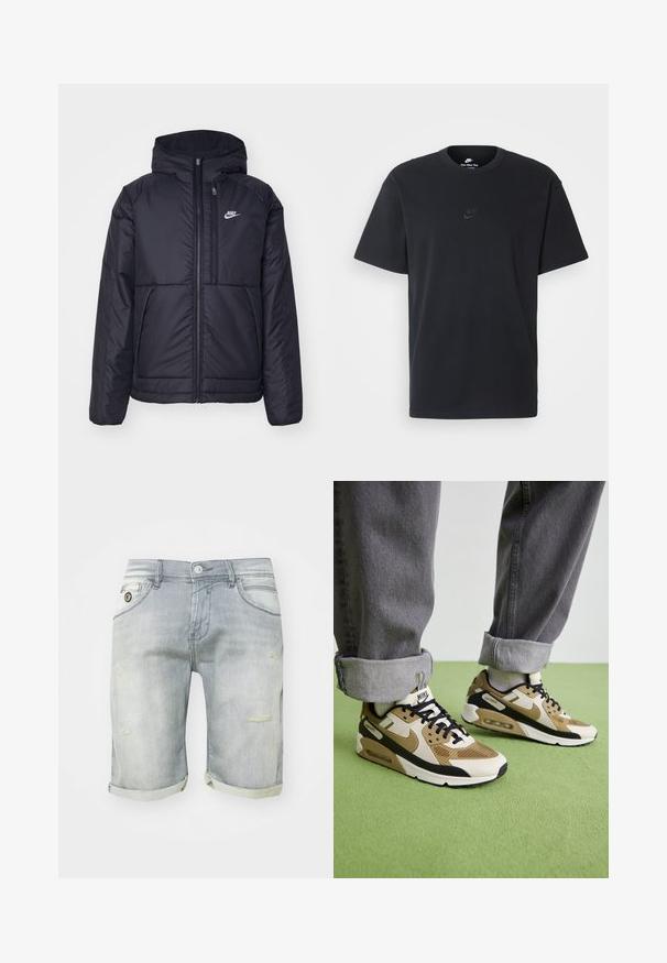 Casaco Nike preto, acolchoado, com fecho à frente e capuz. Apresenta um logo branco no lado esquerdo do peito e dois bolsos frontais. Textura exterior lisa.; T-shirt de algodão preto da Nike com um clássico decote redondo, mangas curtas e um logótipo em relevo discreto no peito. Textura suave.; Calças de ganga azul-claro com um efeito desbotado, punhos dobráveis, bolsos frontais e detalhes desgastados na coxa. Fecho com botão na cintura.; Sapatilhas Nike Air Max 90 em bege e preto, com materiais em malha e couro, almofada visível e atacadores pretos.