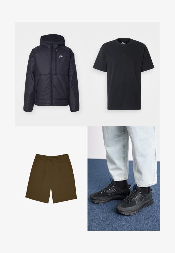 Chaqueta acolchada negra de Nike con cremallera frontal y capucha. Presenta un logo blanco en el lado izquierdo del pecho y dos bolsillos frontales. Textura exterior suave.; Camiseta negra de algodón de Nike con un clásico cuello redondo, mangas cortas y un sutil logo en relieve en el pecho. Textura suave.; Pantalones cortos plisados marrones con frente plano, dos bolsillos laterales y cierre de botón. La tela parece ligera con una textura suave.; Zapatillas deportivas negras con tejido texturizado y suelas de goma, con cordones elásticos y un acento azul en el talón. Combinadas con pantalones de mezclilla claros.