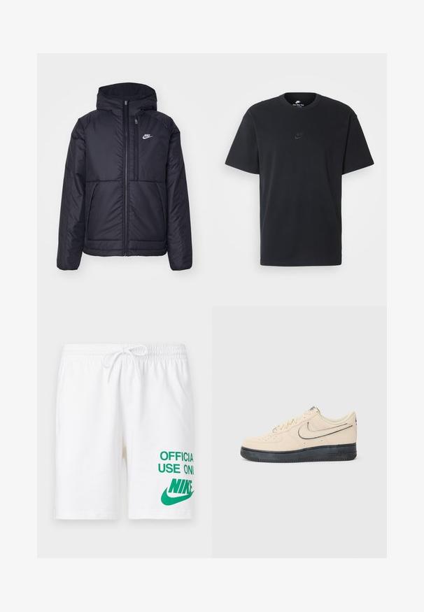 Casaco Nike preto, acolchoado, com fecho à frente e capuz. Apresenta um logo branco no lado esquerdo do peito e dois bolsos frontais. Textura exterior lisa.; T-shirt de algodão preto da Nike com um clássico decote redondo, mangas curtas e um logótipo em relevo discreto no peito. Textura suave.; Calções de algodão brancos com um cós elástico e cordão ajustável, apresentando texto e logotipo verde do lado direito.; Sapatilha Nike Air Force 1 de camurça bege com sola de borracha preta, detalhes costurados, biqueira perfurada e um logotipo swoosh proeminente.