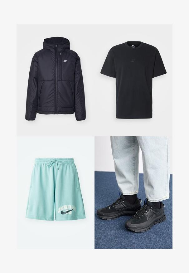 Czarna, pikowana kurtka Nike z przednim zamkiem błyskawicznym i kapturem. Posiada białe logo po lewej stronie klatki piersiowej oraz podwójne kieszenie z przodu. Gładka struktura zewnętrzna.; Czarny bawełniany t-shirt Nike z klasycznym okrągłym dekoltem, krótkimi rękawami oraz subtelnym, wytłoczonym logo na piersi. Gładka tekstura.; Jasnozielone szorty z bawełnianego materiału z elastycznym pasem i sznurkiem, z nadrukiem "JORDAN 23" oraz czarnym logo Nike na boku.; Czarne buty sportowe z teksturowanej tkaniny i gumowymi podeszwami, z elastycznymi sznurówkami i niebieskim akcentem na pięcie. Noszone z jasnymi dżinsami.