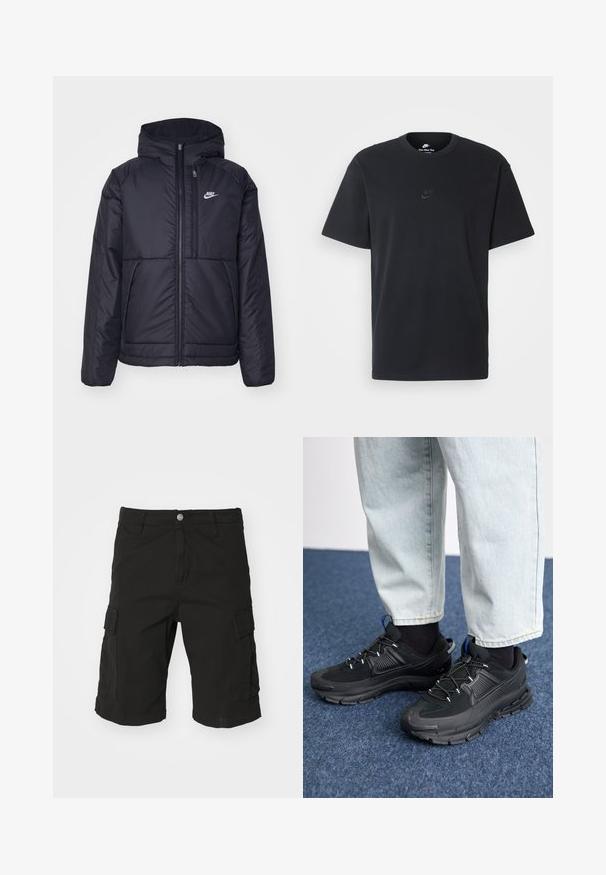 Giacca Nike nera, imbottita, con zip frontale e cappuccio. Presenta un logo bianco sul lato sinistro del petto e doppie tasche frontali. Texture esterna liscia.; T-shirt in cotone nero della Nike con collo rotondo classico, maniche corte e un logo in rilievo discreto sul petto. Texture liscia.; Pantaloni cargo neri realizzati in tessuto resistente, con tasche laterali, chiusura a bottone e dettagli di orlo arrotolato. Design a taglio dritto.; Scarpe sportive nere con tessuto testurizzato e suole in gomma, dotate di lacci elastici e un accento blu sul tallone. Indossate con pantaloni in denim chiaro.