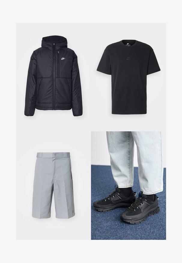 Schwarze, gepolsterte Nike-Jacke mit Frontreißverschluss und Kapuze. Hat ein weißes Logo auf der linken Brust und zwei Fronttaschen. Glattes äußeres Material.; Schwarzes Baumwoll-T-Shirt von Nike mit klassischem Rundhalsausschnitt, kurzen Ärmeln und einem dezenten, geprägten Logo auf der Brust. Glatte Textur.; Helle graue Shorts aus strapazierfähigem Stoff, mit geradem Schnitt, einem Bund mit Gürtelschlaufen und dezenten Falten-Details.; Schwarze Sportschuhe aus strukturiertem Stoff mit Gummisohlen, ausgestattet mit elastischen Schnürsenkeln und einem blauen Akzent an der Ferse. Getragen mit hellen Jeans.