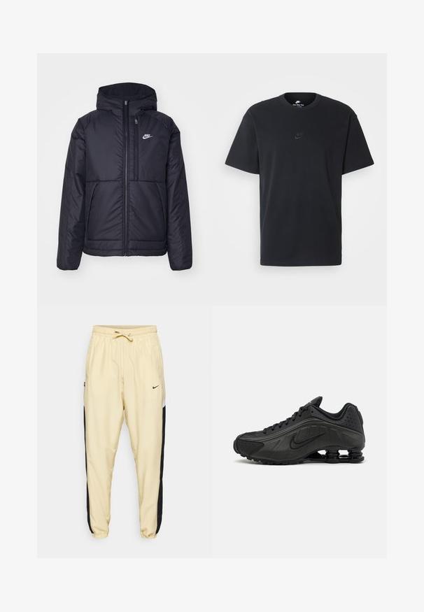 Svart, vadderad Nike-jacka med dragkedja framtill och huva. Har en vit logotyp på vänster bröst och dubbla framfickor. Slät yttextur.; Svart t-shirt i bomull från Nike med klassisk rund halsringning, korta ärmar och en diskret, präglad logotyp på bröstet. Slät textur.; Ljusgula träningsbyxor med svarta sidopaneler, elastisk midja och dragsko. Har en liten svart logotyp framtill.; Svarta löparskor med en slät syntetisk ovandel, perforerade detaljer, texturerade sidopaneler och en distinkt fjädrande sula.
