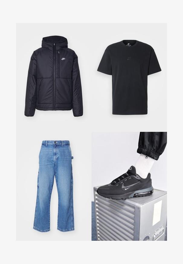 Černá zateplená bunda Nike s předním zipem a kapucí. Na levé straně hrudi má bílé logo a dvojité přední kapsy. Hladký povrch.; Černé bavlněné tričko Nike s klasickým kulatým výstřihem, krátkými rukávy a decentně vyraženým logem na hrudi. Hladký povrch.; Světle modré denimové cargo kalhoty s volným střihem, několika bočními kapsami a širokým nohavicovým designem. Obsahují zapínání na knoflík a zip.; Nike Sportswear PULSE - Tenisky - black/anthracite