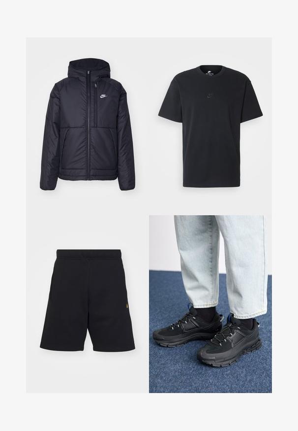 Čierna, polstrovaná bunda Nike so zipsom vpredu a kapucňou. Na ľavej strane hrude sa nachádza biele logo a sú tu dva predné vrecká. Hladký vonkajší povrch.; Čierne bavlnené tričko Nike s klasickým okrúhlym výstrihom, krátkymi rukávmi a jemne embosovaným logom na hrudi. Hladká textúra.; Čierne šortky z jemnej látky so elastickým pásom, bočnými vreckami a malým zlatým logom na dolnej ľavej strane.; Čierne športové topánky s textúrovanou tkaninou a gumovou podrážkou, so elastickými šnúrkami a modrým akcentom na päte. Nosia sa s svetlými riflami.