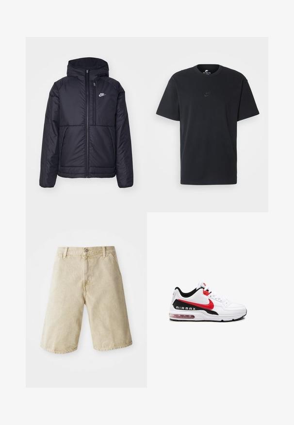 Zwarte, gewatteerde Nike-jas met een voorkant met ritssluiting en capuchon. Kenmerkt zich door een wit logo op de linkerborst en dubbele frontzakken. Gladde buitenkant.; Zwarte katoenen t-shirt van Nike met een klassieke ronde hals, korte mouwen en een subtiele, reliëflogo op de borst. Gladde textuur.; Beige denim shorts met een rechte snit, vijf zakken, sluiting met een knoop en rits aan de voorkant, en subtiele vervaging op de stof.; Witte sportieve schoen met zwarte en rode accenten, voorzien van een bovenwerk van glad leer, vetersluiting aan de voorkant en zichtbare luchtkussens in de zool.