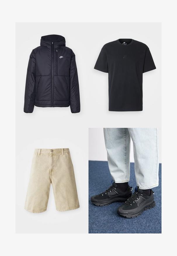 Veste Nike noire rembourrée avec une fermeture éclair sur le devant et une capuche. Elle présente un logo blanc sur la poitrine gauche et deux poches avant. Texture extérieure lisse.; T-shirt en coton noir Nike avec un col rond classique, des manches courtes et un logo embossé subtil sur la poitrine. Texture lisse.; Shorts en denim beige avec une coupe droite, cinq poches, fermeture à bouton et zip à l'avant, et un léger délavage sur le tissu.; Des chaussures de sport noires avec un tissu texturé et des semelles en caoutchouc, dotées de lacets élastiques et d'un accent bleu au talon. Portées avec un pantalon en denim clair.