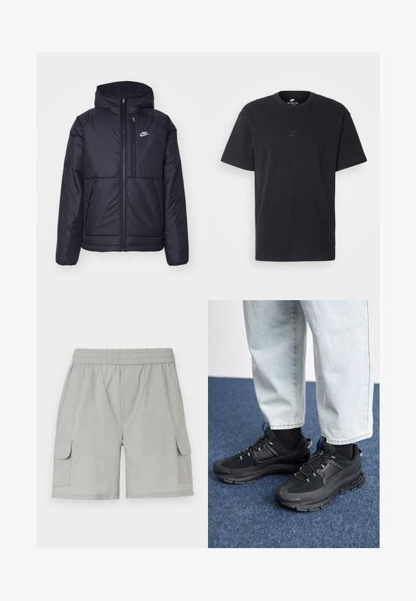 Casaco Nike preto, acolchoado, com fecho à frente e capuz. Apresenta um logo branco no lado esquerdo do peito e dois bolsos frontais. Textura exterior lisa.; T-shirt de algodão preto da Nike com um clássico decote redondo, mangas curtas e um logótipo em relevo discreto no peito. Textura suave.; Bermudas cargo cinzas claras com uma cintura elástica, dois bolsos laterais e dois bolsos cargo com abas para maior utilidade.; Sapatilhas desportivas pretas com tecido texturizado e solas em borracha, apresentando atacadores elásticos e um detalhe azul no calcanhar. Usadas com calças de ganga claras.
