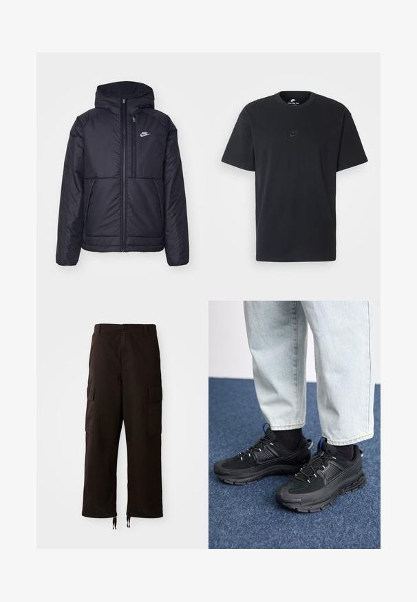 Black, padded Nike jacket with a front zipper and hood. Features a white logo on the left chest and dual front pockets. Smooth exterior texture.; Nike black cotton t-shirt with a classic crew neck, short sleeves, and a subtle, embossed logo on the chest. Smooth texture.; Black cargo pants with a relaxed fit, featuring two side pockets, a button closure, and adjustable drawstrings at the hem.; Black athletic shoes with textured fabric and rubber soles, featuring elastic laces and a blue accent on the heel. Worn with light denim pants.