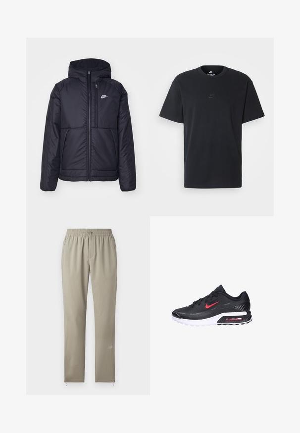 Schwarze, gepolsterte Nike-Jacke mit Frontreißverschluss und Kapuze. Hat ein weißes Logo auf der linken Brust und zwei Fronttaschen. Glattes äußeres Material.; Schwarzes Baumwoll-T-Shirt von Nike mit klassischem Rundhalsausschnitt, kurzen Ärmeln und einem dezenten, geprägten Logo auf der Brust. Glatte Textur.; Beige Sporthosen mit elastischem Bund, Reißverschlusstaschen und schmal zulaufendem Bein. Mit einem dezenten Logo am unteren Bein.; Schwarzer Sportschuh mit Mesh-Obermaterial, roten Akzenten und sichtbarer Luftpolsterung. Die weiße Zwischensohle und die strukturierte schwarze Außensohle sorgen für Grip.