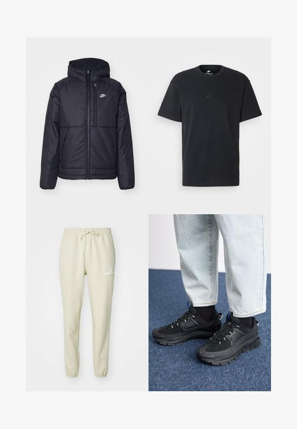 Casaco Nike preto, acolchoado, com fecho à frente e capuz. Apresenta um logo branco no lado esquerdo do peito e dois bolsos frontais. Textura exterior lisa.; T-shirt de algodão preto da Nike com um clássico decote redondo, mangas curtas e um logótipo em relevo discreto no peito. Textura suave.; Calças de moletom em tom bege claro, feitas de um tecido suave, com uma cintura elástica e cordão, punhos na ankle e pequeno detalhe de logotipo impresso.; Sapatilhas desportivas pretas com tecido texturizado e solas em borracha, apresentando atacadores elásticos e um detalhe azul no calcanhar. Usadas com calças de ganga claras.