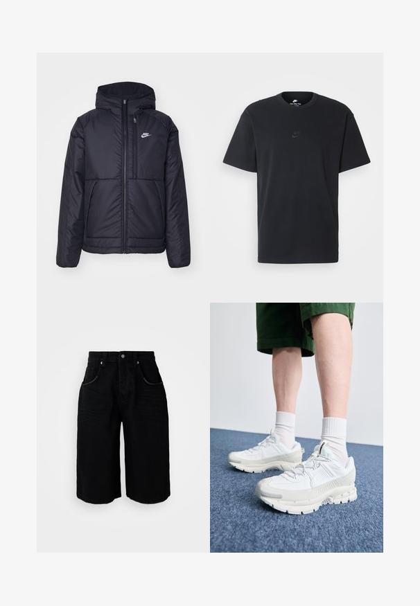 Must musta Nike jope, millel on ees lukuga avamine ja kapuuts. Vasakpoolne rind on kaunistatud valge logoga ning ees on kaks taskut. Sile välimine tekstuur.; Nike musta mustast puuvillast T-särk klassikalise ümmarguse kaelusega, lühikeste varrukatega ja õrna, reljeefse logoga rinnal. Sile tekstuur.; Mustat denimi lühikesed püksid otse lõikega, viie taskuga, metallist nööbi kinnitusega ja peene tekstuuriga. Hem on viimistletud puhta lõikega.; Valged sportsijalatsid tekstuursete pealsete, kopsaka tallaga ja hallide aktsentidega. Kanda valgete lühikeste sokkidega ja roheliste lühikeste pükstega sinisel pinnal.