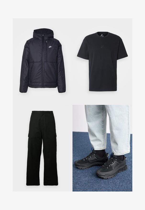 Čierna, polstrovaná bunda Nike so zipsom vpredu a kapucňou. Na ľavej strane hrude sa nachádza biele logo a sú tu dva predné vrecká. Hladký vonkajší povrch.; Čierne bavlnené tričko Nike s klasickým okrúhlym výstrihom, krátkymi rukávmi a jemne embosovaným logom na hrudi. Hladká textúra.; Čierne pracovné nohavice z odolnej tkaniny, s dizajnom širokých nohavíc, viacerými bočnými vreckami a rovný strih.; Čierne športové topánky s textúrovanou tkaninou a gumovou podrážkou, so elastickými šnúrkami a modrým akcentom na päte. Nosia sa s svetlými riflami.