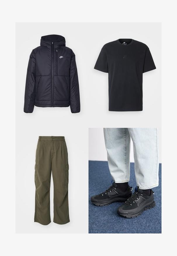 Černá zateplená bunda Nike s předním zipem a kapucí. Na levé straně hrudi má bílé logo a dvojité přední kapsy. Hladký povrch.; Černé bavlněné tričko Nike s klasickým kulatým výstřihem, krátkými rukávy a decentně vyraženým logem na hrudi. Hladký povrch.; Olivové cargo kalhoty z bavlny, s širokým střihem, sklady a postranními kapsami pro praktičnost.; Černé sportovní boty s texturovanou tkaninou a gumovou podrážkou, s elastickými tkaničkami a modrým akcentem na patě. Nosí se s světlými džíny.