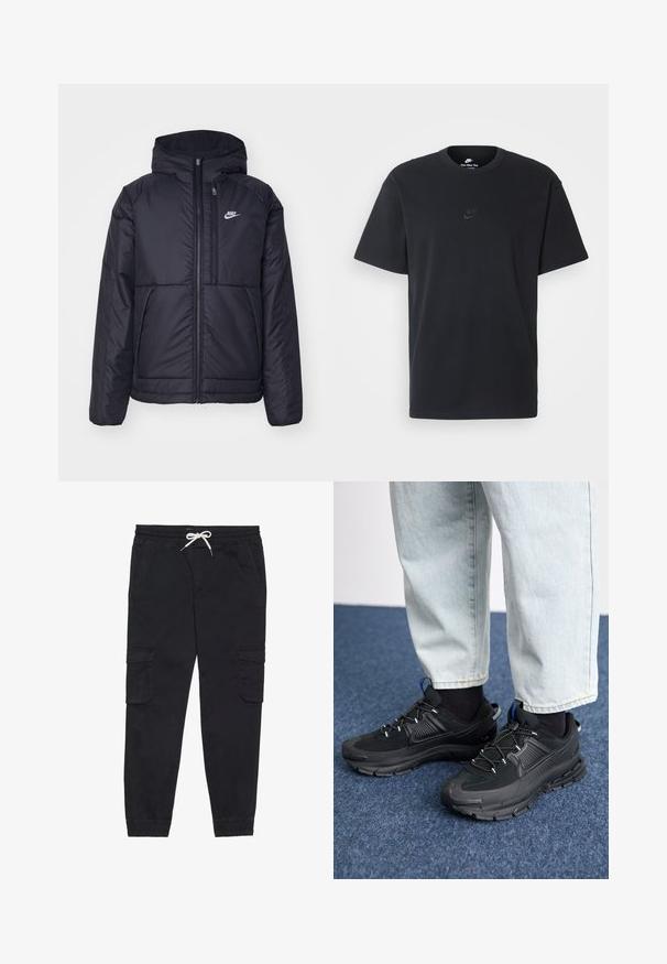 Black, padded Nike jacket with a front zipper and hood. Features a white logo on the left chest and dual front pockets. Smooth exterior texture.; Nike black cotton t-shirt with a classic crew neck, short sleeves, and a subtle, embossed logo on the chest. Smooth texture.; Black cargo pants made of cotton, featuring an elastic waistband with a drawstring, side pockets, and tapered cuffs.; Black athletic shoes with textured fabric and rubber soles, featuring elastic laces and a blue accent on the heel. Worn with light denim pants.