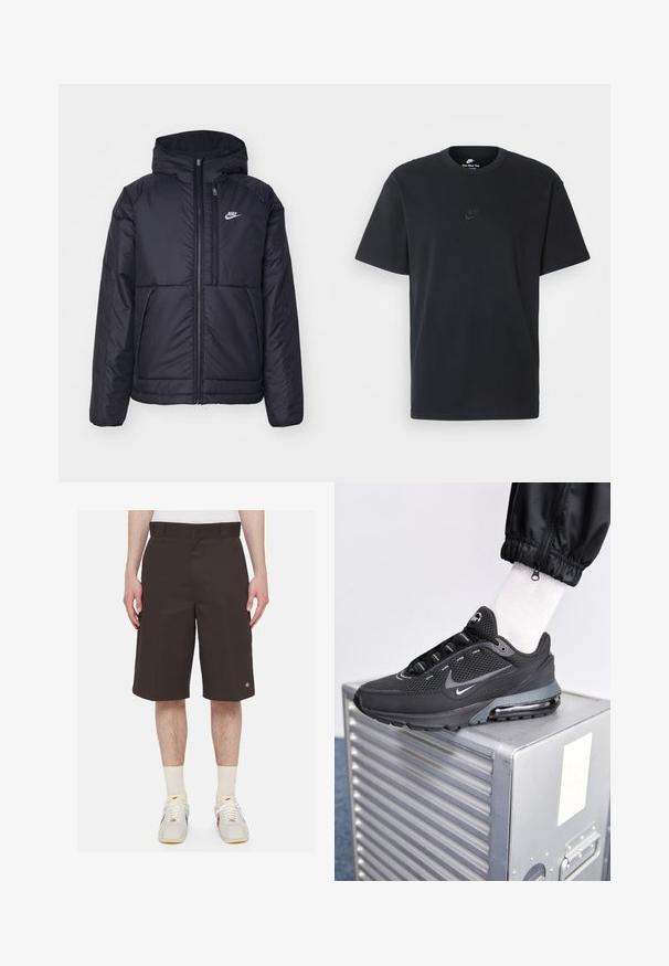 Czarna, pikowana kurtka Nike z przednim zamkiem błyskawicznym i kapturem. Posiada białe logo po lewej stronie klatki piersiowej oraz podwójne kieszenie z przodu. Gładka struktura zewnętrzna.; Czarny bawełniany t-shirt Nike z klasycznym okrągłym dekoltem, krótkimi rękawami oraz subtelnym, wytłoczonym logo na piersi. Gładka tekstura.; Ciemnobrązowe szorty wykonane z wytrzymałego materiału, charakteryzują się prostym krojem, długością do połowy uda oraz haftowanym logo na lewej nogawce.; Nike Sportswear PULSE czarny