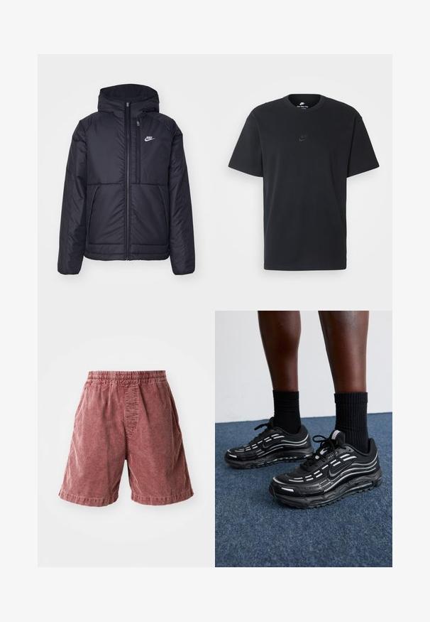 Czarna, pikowana kurtka Nike z przednim zamkiem błyskawicznym i kapturem. Posiada białe logo po lewej stronie klatki piersiowej oraz podwójne kieszenie z przodu. Gładka struktura zewnętrzna.; Czarny bawełniany t-shirt Nike z klasycznym okrągłym dekoltem, krótkimi rękawami oraz subtelnym, wytłoczonym logo na piersi. Gładka tekstura.; Rude bawełniane szorty w kolorze rdzy z elastycznym pasem, z teksturowaną powierzchnią i bocznymi kieszeniami, kończące się tuż nad kolanem.; Czarne buty Nike mają siateczkową cholewkę z akcentującymi paskami, teksturowane sznurowanie i czarną gumową podeszwę. Noszone z czarnymi skarpetkami w prążki.