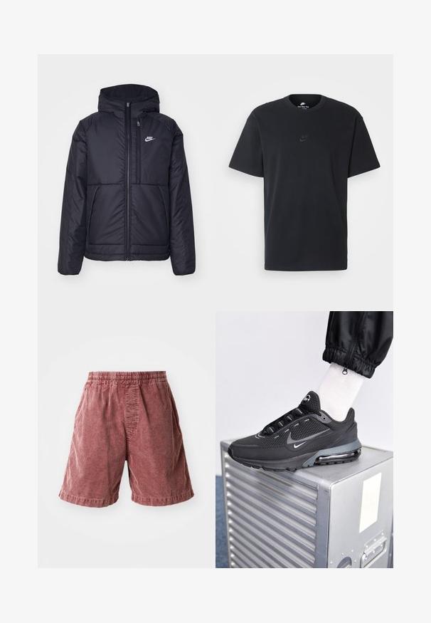 Chaqueta acolchada negra de Nike con cremallera frontal y capucha. Presenta un logo blanco en el lado izquierdo del pecho y dos bolsillos frontales. Textura exterior suave.; Camiseta negra de algodón de Nike con un clásico cuello redondo, mangas cortas y un sutil logo en relieve en el pecho. Textura suave.; Pantalones cortos de algodón color óxido con una cintura elástica, que presentan una superficie texturizada y bolsillos laterales, terminando justo por encima de la rodilla.; Nike Sportswear PULSE - Zapatillas - black/anthracite