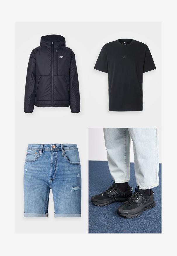 Černá zateplená bunda Nike s předním zipem a kapucí. Na levé straně hrudi má bílé logo a dvojité přední kapsy. Hladký povrch.; Černé bavlněné tričko Nike s klasickým kulatým výstřihem, krátkými rukávy a decentně vyraženým logem na hrudi. Hladký povrch.; Světle modré džíny šortky s akcenty opotřebování, ohrnutými lemy, pěti kapsami a zapínáním na knoflík. Vyrobeno z měkké a prodyšné tkaniny.; Černé sportovní boty s texturovanou tkaninou a gumovou podrážkou, s elastickými tkaničkami a modrým akcentem na patě. Nosí se s světlými džíny.