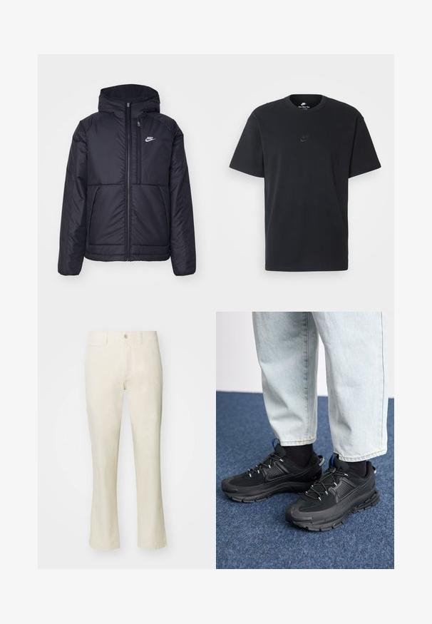 Black, padded Nike jacket with a front zipper and hood. Features a white logo on the left chest and dual front pockets. Smooth exterior texture.; Nike black cotton t-shirt with a classic crew neck, short sleeves, and a subtle, embossed logo on the chest. Smooth texture.; Beige cotton pants with a straight leg design, featuring a button closure and side pocket. Smooth texture and simple style.; Black athletic shoes with textured fabric and rubber soles, featuring elastic laces and a blue accent on the heel. Worn with light denim pants.