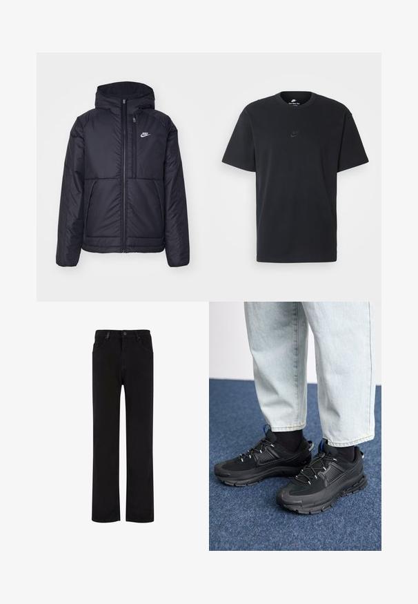 Melna, pufota Nike jaka ar priekšējo rāvējslēdzēju un kapuci. Iezīmēta ar baltu logotipu uz kreisās krūtis un divām priekšējām kabatām. Gluda ārējā tekstūra.; Nike melns kokvilnas T-krekls ar klasisku piegriezumu, īsām piedurknēm un smalku, reljefu logotipu uz krūškurvja. Gluda tekstūra.; Melnas džinsu bikses ar taisnu kāju dizainu, kurām ir pogu aizdare, jostas cilpas un priekšējie kabatas. Laidena tekstūra un vienmērīga krāsa.; Melni sporta apavi ar strukturētu audumu un gumijas zoli, ar elastīgām auklām un zilu akcentu uz papēža. Nēsāti ar gaišām džinsu biksēm.
