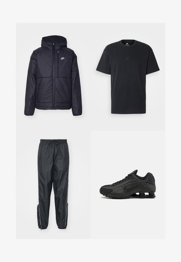 Juodas, paminkštintas Nike džemperis su priekyje užtrauktuku ir gobtuvu. Pasižymi balta logo kairėje krūtinės pusėje ir dviem priekinėmis kišenėmis. Su lygiu išoriniu paviršiumi.; Juodas medvilninis Nike marškinėliai su klasikinėmis apykaklėmis, trumpomis rankovėmis ir subtiliu, įspaustu logotipu ant krūtinės. Sklandus tekstūra.; Juodos vandeniui atsparios kelnes su elastinga raištelių juosta, su siaurėjančiais apačiais ir šoninėmis kišenėmis, puikuojančiomis baltomis detalėmis ir ženklinimu.; Juodi bėgimo bateliai su lygiu sintetiniu paviršiumi, perforuotomis detalėmis, tekstūruotais šonų skydeliais ir išskirtiniu elastingu padu.