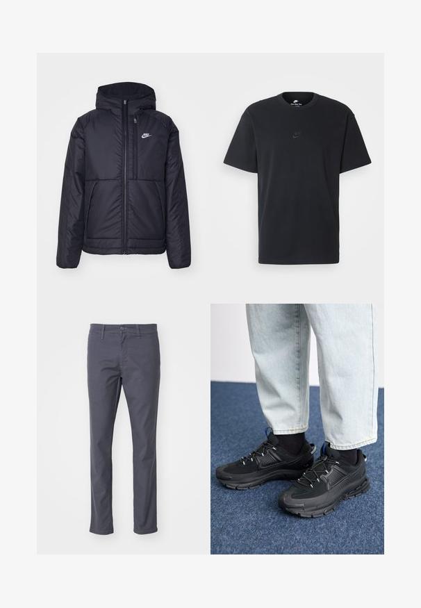 Schwarze, gepolsterte Nike-Jacke mit Frontreißverschluss und Kapuze. Hat ein weißes Logo auf der linken Brust und zwei Fronttaschen. Glattes äußeres Material.; Schwarzes Baumwoll-T-Shirt von Nike mit klassischem Rundhalsausschnitt, kurzen Ärmeln und einem dezenten, geprägten Logo auf der Brust. Glatte Textur.; Dunkelgraue Chinos aus einem Baumwollmischgewebe. Mit Knopf- und Reißverschluss, Gürtelschlaufen und geradem Beinschnitt.; Schwarze Sportschuhe aus strukturiertem Stoff mit Gummisohlen, ausgestattet mit elastischen Schnürsenkeln und einem blauen Akzent an der Ferse. Getragen mit hellen Jeans.