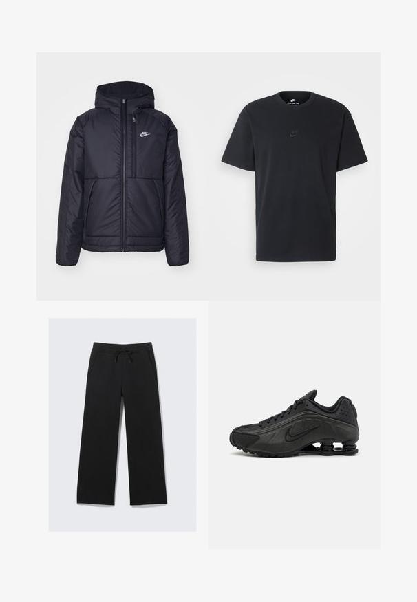 Chaqueta acolchada negra de Nike con cremallera frontal y capucha. Presenta un logo blanco en el lado izquierdo del pecho y dos bolsillos frontales. Textura exterior suave.; Camiseta negra de algodón de Nike con un clásico cuello redondo, mangas cortas y un sutil logo en relieve en el pecho. Textura suave.; Pantalones de chándal anchos y negros fabricados con una tela suave. Cuenta con una cintura elástica con cordón y bolsillos laterales. Textura lisa.; Zapatillas de running negras con un upper sintético liso, detalles perforados, paneles laterales texturizados y una suela distintiva y elástica.