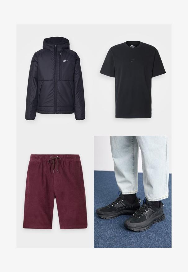 Black, padded Nike jacket with a front zipper and hood. Features a white logo on the left chest and dual front pockets. Smooth exterior texture.; Nike black cotton t-shirt with a classic crew neck, short sleeves, and a subtle, embossed logo on the chest. Smooth texture.; Burgundy corduroy shorts with an elastic waistband and drawstring. Features vertical ribbed texture and standard length.; Black athletic shoes with textured fabric and rubber soles, featuring elastic laces and a blue accent on the heel. Worn with light denim pants.