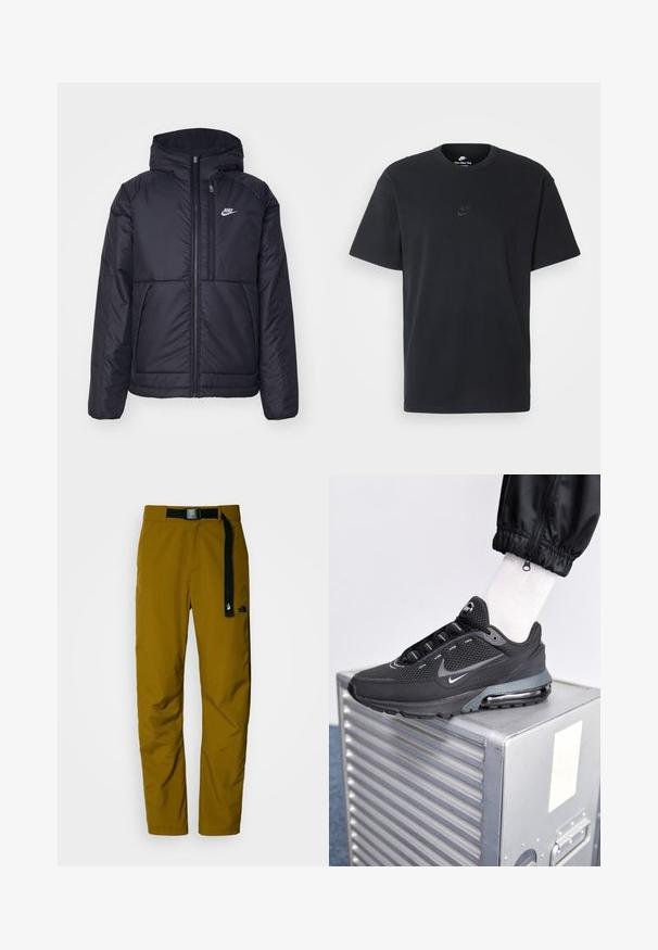 Czarna, pikowana kurtka Nike z przednim zamkiem błyskawicznym i kapturem. Posiada białe logo po lewej stronie klatki piersiowej oraz podwójne kieszenie z przodu. Gładka struktura zewnętrzna.; Czarny bawełniany t-shirt Nike z klasycznym okrągłym dekoltem, krótkimi rękawami oraz subtelnym, wytłoczonym logo na piersi. Gładka tekstura.; Wodoodporne, lekkie spodnie outdoorowe w ciemnym musztardowym kolorze z czarnym regulowanym paskiem, z logo na lewej udzie.; Nike Sportswear PULSE czarny