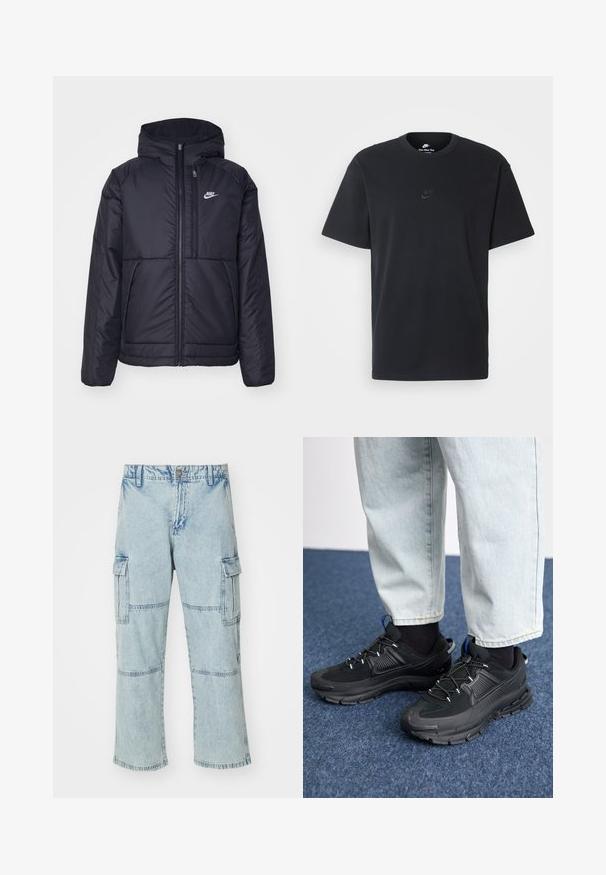 Černá zateplená bunda Nike s předním zipem a kapucí. Na levé straně hrudi má bílé logo a dvojité přední kapsy. Hladký povrch.; Černé bavlněné tričko Nike s klasickým kulatým výstřihem, krátkými rukávy a decentně vyraženým logem na hrudi. Hladký povrch.; Světle modré denimové cargo kalhoty s volným střihem, dvě boční kapsy a detaily na kolenou. Obsahují zipový klíč a kovové zapínání.; Černé sportovní boty s texturovanou tkaninou a gumovou podrážkou, s elastickými tkaničkami a modrým akcentem na patě. Nosí se s světlými džíny.