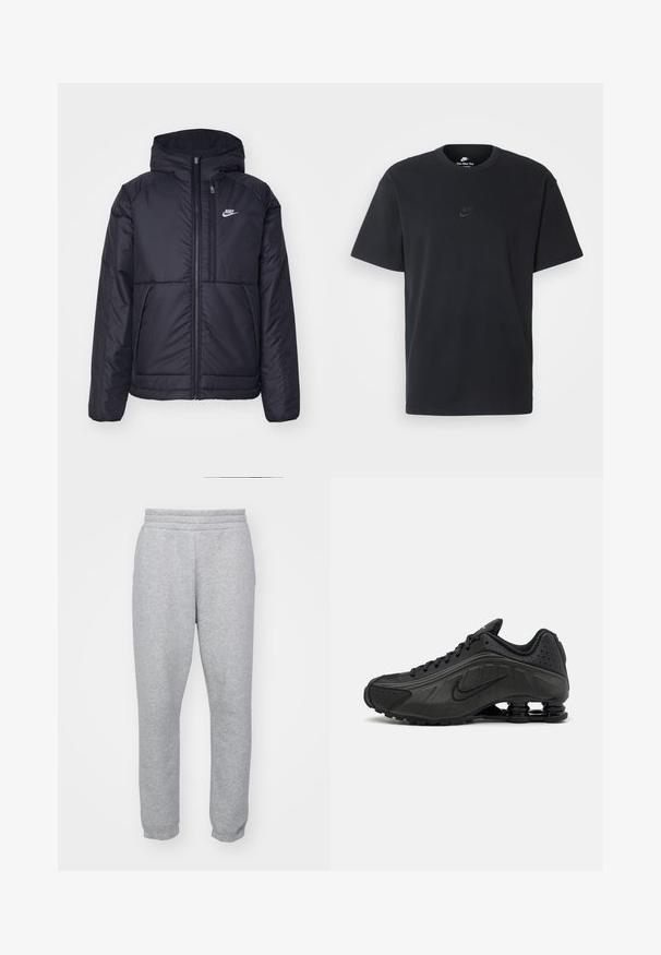 Schwarze, gepolsterte Nike-Jacke mit Frontreißverschluss und Kapuze. Hat ein weißes Logo auf der linken Brust und zwei Fronttaschen. Glattes äußeres Material.; Schwarzes Baumwoll-T-Shirt von Nike mit klassischem Rundhalsausschnitt, kurzen Ärmeln und einem dezenten, geprägten Logo auf der Brust. Glatte Textur.; Graue Jogginghosen aus weichem Stoff, mit einem elastischen Bund und engen Bündchen für eine schlanke Form. Keine sichtbaren Taschen.; Schwarze Laufschuhe mit einem glatten synthetischen Obermaterial, durchbrochenen Akzenten, strukturierten Seitenpaneelen und einer ausgeprägten federnden Sohle.