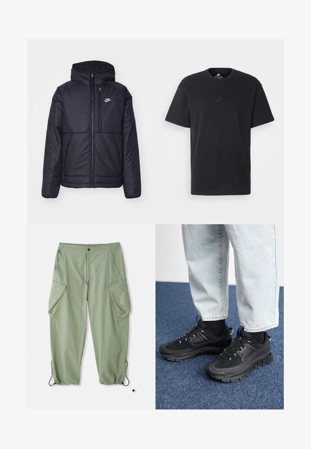 Jachetă Nike neagră, căptușită, cu fermoar pe față și glugă. Prezintă un logo alb pe pieptul stâng și două buzunare frontale. Textură exterioară netedă.; Tricou din bumbac negru Nike, cu guler rotund clasic, mâneci scurte și un logo subtil embosat pe piept. Textură netedă.; Pantaloni cargo verde deschis, cu talie elastică, multiple buzunare laterale și șnururi la glezne. Realizați dintr-un material durabil, texturat.; Pantofi sport negri, cu țesătură texturată și tălpi din cauciuc, având șireturi elastice și un accent albastru pe toc. Purtați cu pantaloni din denim deschis.