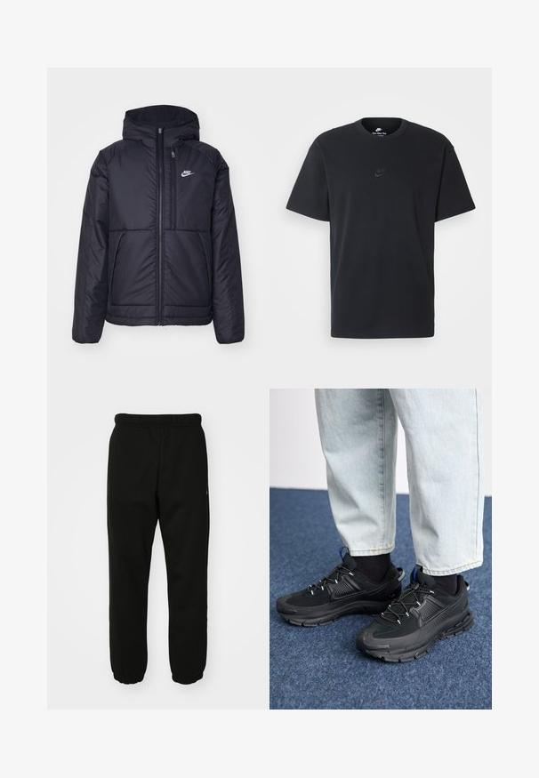Jachetă Nike neagră, căptușită, cu fermoar pe față și glugă. Prezintă un logo alb pe pieptul stâng și două buzunare frontale. Textură exterioară netedă.; Tricou din bumbac negru Nike, cu guler rotund clasic, mâneci scurte și un logo subtil embosat pe piept. Textură netedă.; Pantaloni de trening negri dintr-un material moale, cu talie elastică, glezne strânse și un accent logo mic pe lateral.; Pantofi sport negri, cu țesătură texturată și tălpi din cauciuc, având șireturi elastice și un accent albastru pe toc. Purtați cu pantaloni din denim deschis.