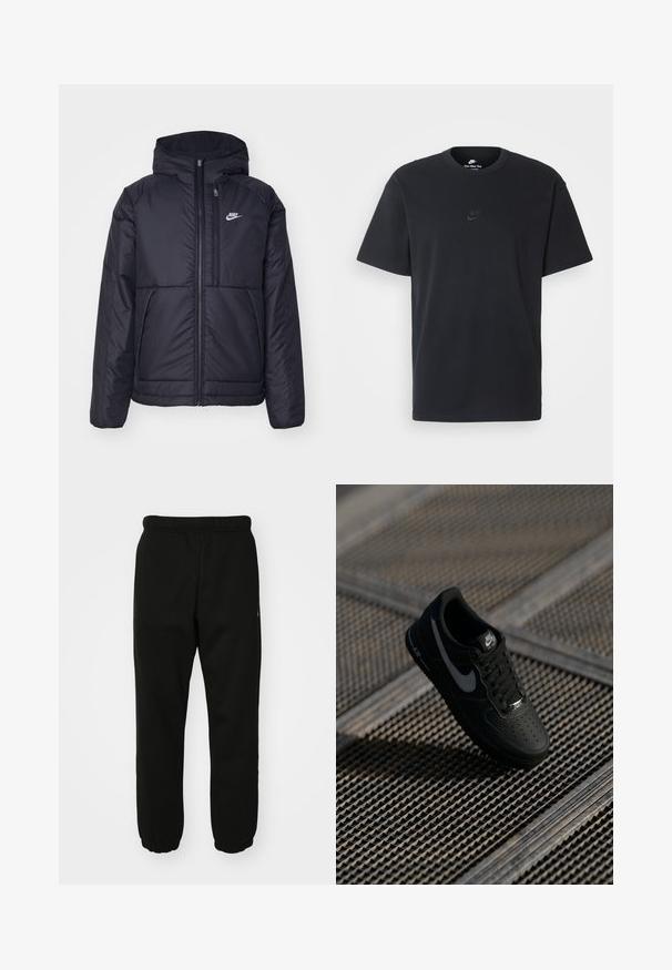 Svart, polstret Nike-jakke med frontglidelås og hette. Har en hvit logo på venstre bryst og doble frontlommer. Glatt ytterside.; Nike svart bomull T-skjorte med klassisk rund hals, korte ermer, og en subtil, preget logo på brystet. Glatt tekstur.; Svarte joggebukser laget av mykt stoff med elastisk midjebånd, ribbede ankler og en liten logoplate på siden.; Svarte Nike Air Force 1-sko med en glatt læroverside, perforert tå, grå detaljer og svarte snøringer, svevende over en teksturert overflate.