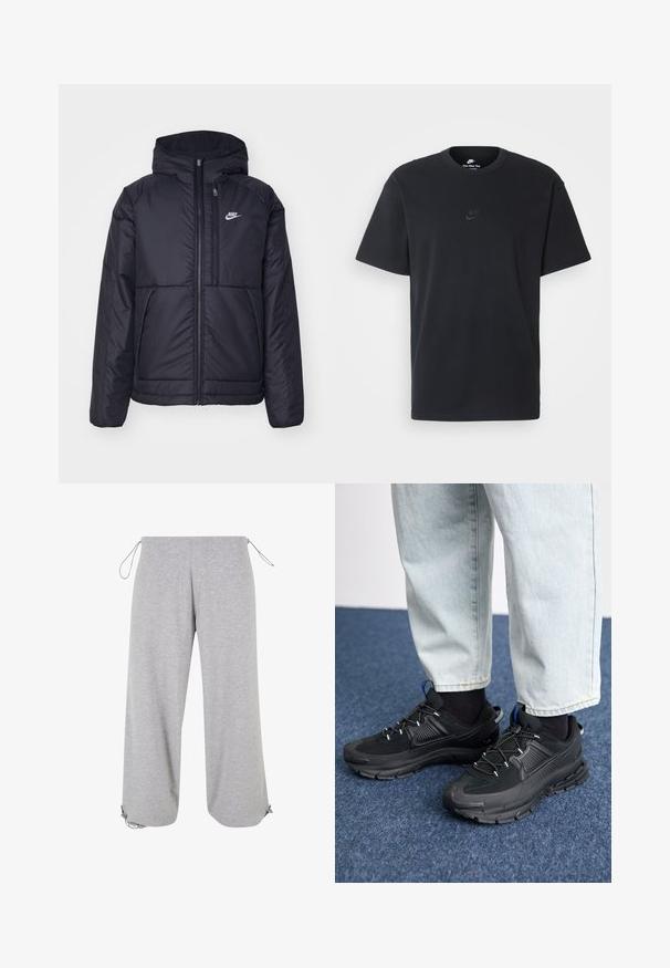 Zwarte, gewatteerde Nike-jas met een voorkant met ritssluiting en capuchon. Kenmerkt zich door een wit logo op de linkerborst en dubbele frontzakken. Gladde buitenkant.; Zwarte katoenen t-shirt van Nike met een klassieke ronde hals, korte mouwen en een subtiele, reliëflogo op de borst. Gladde textuur.; Lichtgrijze wijde broek gemaakt van zachte katoen met verstelbare trekkoorden in de tailleband en aan de zoom voor een gepersonaliseerde pasvorm.; Zwarte sportschoenen met gestructureerde stof en rubberen zolen, met elastische veters en een blauwe accent op de hiel. Draag samen met lichte spijkerbroeken.