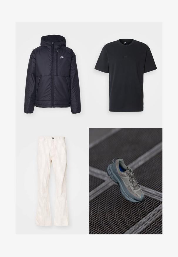Črna, podložena Nike jakna z sprednjim zadrgo in kapuco. Ima bel logo na levem prsnem delu in dvojna sprednja žepa. Gladka zunanja tekstura.; Nike črna bombažna majica z klasičnim okroglim izrezom, kratkimi rokavi in subtilnim, vtisnjenim logotipom na prsih. Gladka tekstura.; Kremne barve hlače s širšo spodnjim delom in vertikalnimi rdečimi črtami, ki imajo gumb za zapiranje, stranske žepke in gladko teksturo tkanine.; Bež in siva športna čevlja z teksturiranim mrežastim zgornjim delom, okroglem nosu in gumijastim podplatom, opremljena z vezalkami in oblazinjenim ovratnikom.
