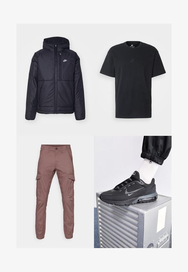 Veste Nike noire rembourrée avec une fermeture éclair sur le devant et une capuche. Elle présente un logo blanc sur la poitrine gauche et deux poches avant. Texture extérieure lisse.; T-shirt en coton noir Nike avec un col rond classique, des manches courtes et un logo embossé subtil sur la poitrine. Texture lisse.; Pantalons cargo en tissu bordeaux doux avec des poignets élastiques, plusieurs poches latérales et un design plat à l'avant, adaptés pour un usage quotidien ou des activités en plein air.; Nike Sportswear PULSE - Baskets basses - black/anthracite