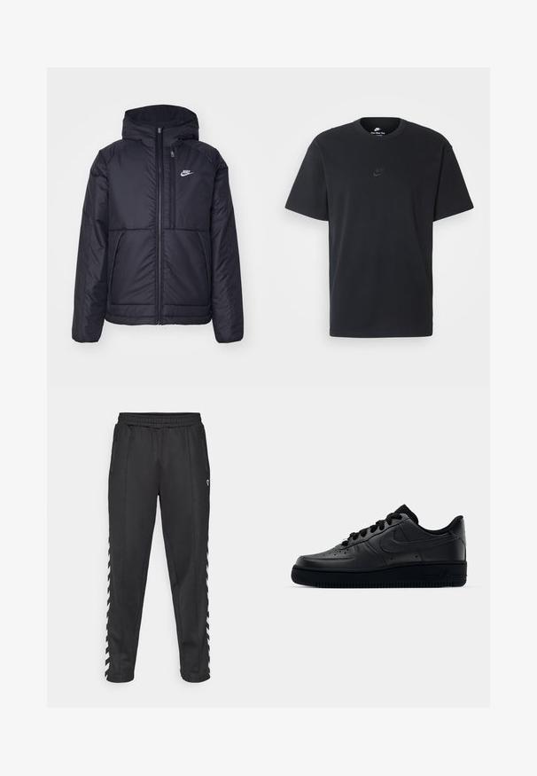 Casaco Nike preto, acolchoado, com fecho à frente e capuz. Apresenta um logo branco no lado esquerdo do peito e dois bolsos frontais. Textura exterior lisa.; T-shirt de algodão preto da Nike com um clássico decote redondo, mangas curtas e um logótipo em relevo discreto no peito. Textura suave.; Calças de treino pretas com uma cintura elástica, apresentando bolsos laterais com fecho éclair e detalhes em ziguezague brancos ao longo dos lados. Textura suave.; Sapatilha Nike Air Force 1 preta com parte superior em couro liso, bico perfurado para respirabilidade, atacadores pretos e sola de borracha texturizada.