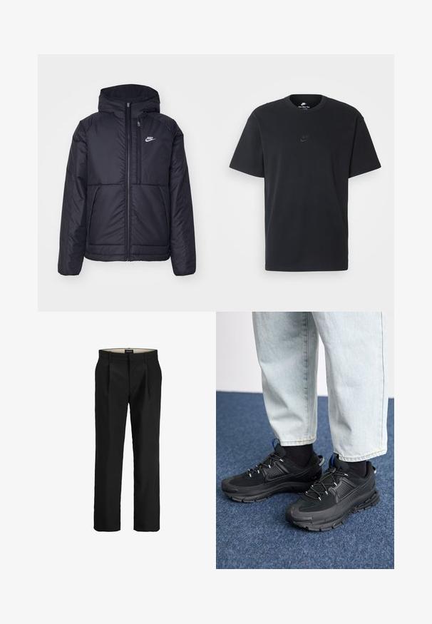 Zwarte, gewatteerde Nike-jas met een voorkant met ritssluiting en capuchon. Kenmerkt zich door een wit logo op de linkerborst en dubbele frontzakken. Gladde buitenkant.; Zwarte katoenen t-shirt van Nike met een klassieke ronde hals, korte mouwen en een subtiele, reliëflogo op de borst. Gladde textuur.; Zwarte op maat gemaakte broek met een platte voorkant, twee zijzakken, een gladde textuur en een rechte pijp. Voorzien van riemlussen voor extra stijl.; Zwarte sportschoenen met gestructureerde stof en rubberen zolen, met elastische veters en een blauwe accent op de hiel. Draag samen met lichte spijkerbroeken.
