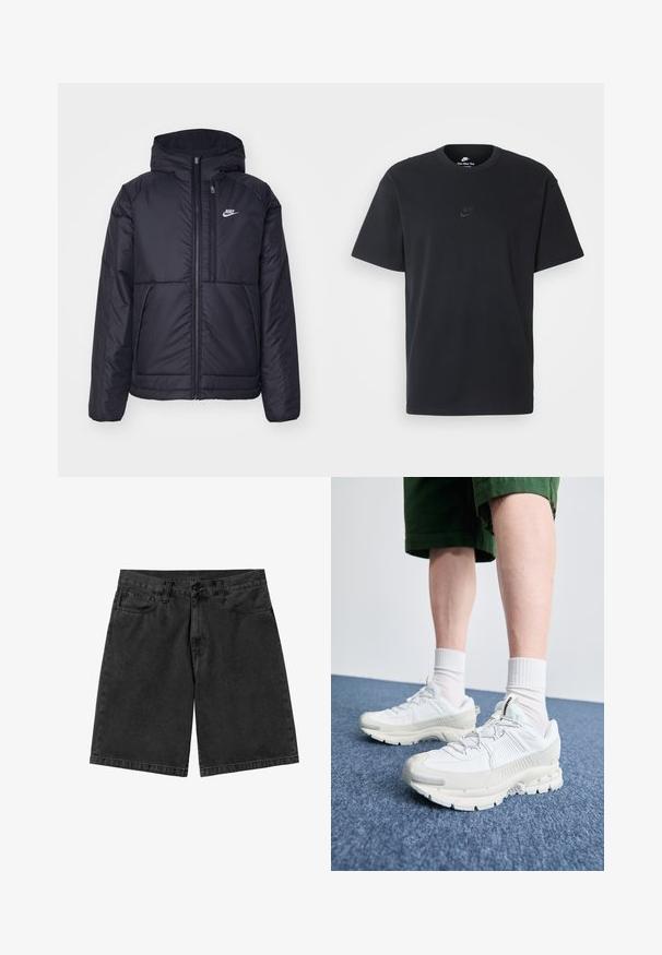 Giacca Nike nera, imbottita, con zip frontale e cappuccio. Presenta un logo bianco sul lato sinistro del petto e doppie tasche frontali. Texture esterna liscia.; T-shirt in cotone nero della Nike con collo rotondo classico, maniche corte e un logo in rilievo discreto sul petto. Texture liscia.; Shorts in denim nero con taglio dritto, cinque tasche e chiusura con bottone. Tessuto liscio con minima scoloritura e dettagli di cucitura.; Scarpe da ginnastica bianche con sovrapposizioni testurizzate, suola spessa e accenti grigi. Indossate con calze corte bianche e pantaloni corti verdi su una superficie blu.