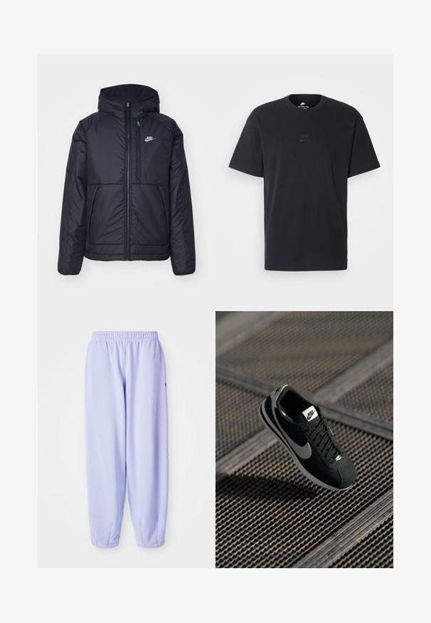 Casaco Nike preto, acolchoado, com fecho à frente e capuz. Apresenta um logo branco no lado esquerdo do peito e dois bolsos frontais. Textura exterior lisa.; T-shirt de algodão preto da Nike com um clássico decote redondo, mangas curtas e um logótipo em relevo discreto no peito. Textura suave.; Calças de treino de cor lilás claro com um cós elástico, pernas ajustadas e punhos canelados. Confeccionadas em tecido macio e respirável.; Sapatilha Nike preta com accents cinzentos, materiais em camurça e rede, sola texturizada, formato estreito e design clássico de atacadores.