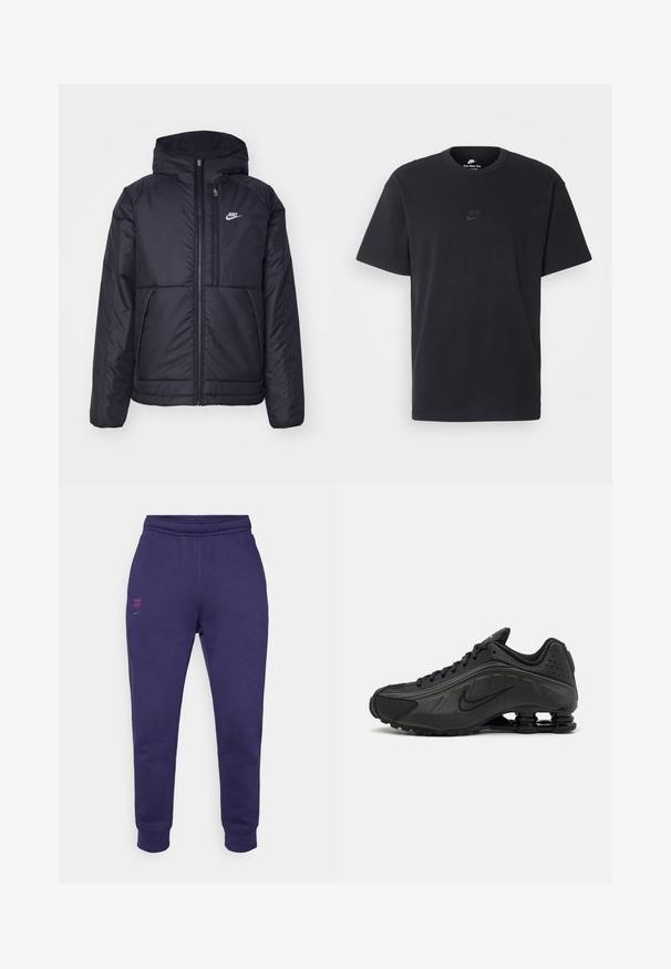 Černá zateplená bunda Nike s předním zipem a kapucí. Na levé straně hrudi má bílé logo a dvojité přední kapsy. Hladký povrch.; Černé bavlněné tričko Nike s klasickým kulatým výstřihem, krátkými rukávy a decentně vyraženým logem na hrudi. Hladký povrch.; Fialové bavlněné tepláky s elastickým pasem, zúženými nohavicemi a růžovým vyšitým logem na levé přední straně a zadní části.; Černé běžecké boty s hladkým syntetickým svrškem, perforovanými akcenty, texturovanými bočními panely a výraznou pružnou podrážkou.