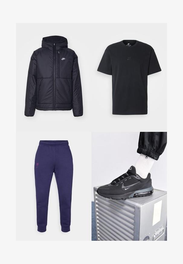 Zwarte, gewatteerde Nike-jas met een voorkant met ritssluiting en capuchon. Kenmerkt zich door een wit logo op de linkerborst en dubbele frontzakken. Gladde buitenkant.; Zwarte katoenen t-shirt van Nike met een klassieke ronde hals, korte mouwen en een subtiele, reliëflogo op de borst. Gladde textuur.; Paarse katoenen sweatpants met elastische tailleband, taps toelopende benen en roze geborduurde logo-details aan de voorkant links en aan de achterkant.; Nike Sportswear PULSE - Sneakers laag - black/anthracite