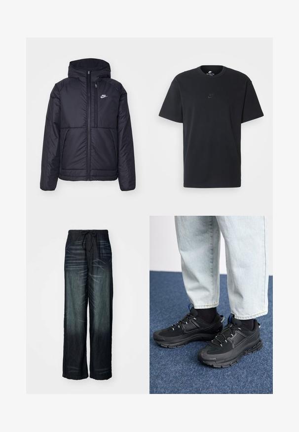 Schwarze, gepolsterte Nike-Jacke mit Frontreißverschluss und Kapuze. Hat ein weißes Logo auf der linken Brust und zwei Fronttaschen. Glattes äußeres Material.; Schwarzes Baumwoll-T-Shirt von Nike mit klassischem Rundhalsausschnitt, kurzen Ärmeln und einem dezenten, geprägten Logo auf der Brust. Glatte Textur.; Weite Jeans mit allmählichem Farbverlauf in dunklem Denim. Verfügt über einen elastischen Bund mit Kordelzug. Glatte Textur mit dezenten Abnutzungsspuren.; Schwarze Sportschuhe aus strukturiertem Stoff mit Gummisohlen, ausgestattet mit elastischen Schnürsenkeln und einem blauen Akzent an der Ferse. Getragen mit hellen Jeans.