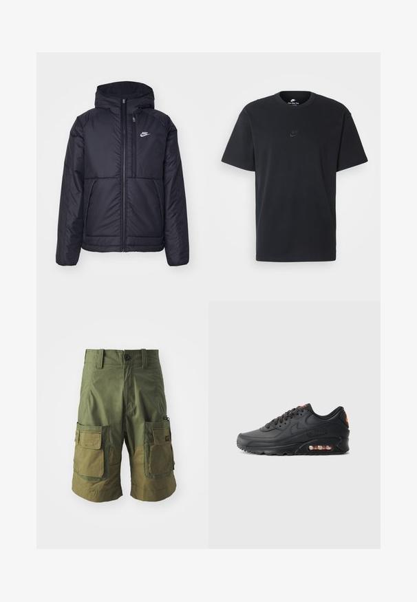 Black, padded Nike jacket with a front zipper and hood. Features a white logo on the left chest and dual front pockets. Smooth exterior texture.; Nike black cotton t-shirt with a classic crew neck, short sleeves, and a subtle, embossed logo on the chest. Smooth texture.; G-STAR Shorts - sage; Nike Air Max 90 sneakers featuring a black synthetic upper, textured finish, lace-up front, visible air unit, and orange accent logo.