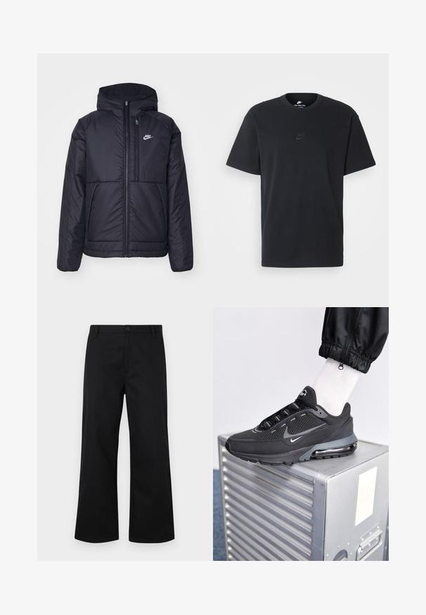 Zwarte, gewatteerde Nike-jas met een voorkant met ritssluiting en capuchon. Kenmerkt zich door een wit logo op de linkerborst en dubbele frontzakken. Gladde buitenkant.; Zwarte katoenen t-shirt van Nike met een klassieke ronde hals, korte mouwen en een subtiele, reliëflogo op de borst. Gladde textuur.; Zwarte, wijde broek van soepel stof. Voorzien van een knoopsluiting aan de voorkant en een standaard tailleband. Minimalistisch ontwerp, zonder zichtbare patronen.; Nike Sportswear PULSE - Sneakers laag - black/anthracite