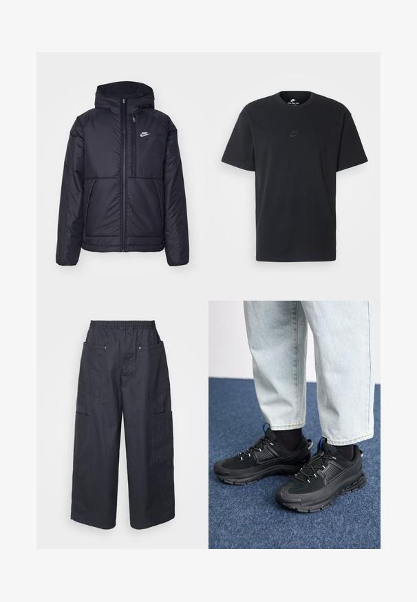Casaco Nike preto, acolchoado, com fecho à frente e capuz. Apresenta um logo branco no lado esquerdo do peito e dois bolsos frontais. Textura exterior lisa.; T-shirt de algodão preto da Nike com um clássico decote redondo, mangas curtas e um logótipo em relevo discreto no peito. Textura suave.; Calças cargo em azul marinho escuro com um cós elástico, dois bolsos laterais e um bolso traseiro, feitas de um material de algodão resistente.; Sapatilhas desportivas pretas com tecido texturizado e solas em borracha, apresentando atacadores elásticos e um detalhe azul no calcanhar. Usadas com calças de ganga claras.